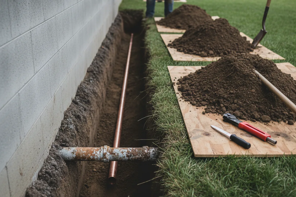 Excavated water line trench during Water Heater Repair in Marmora